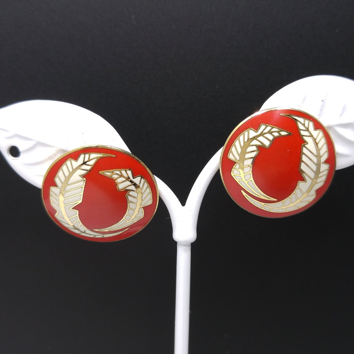 Vintage Laurel Burch "Palm Leaves" Red White Enamel Post Earrings, Gold Plated