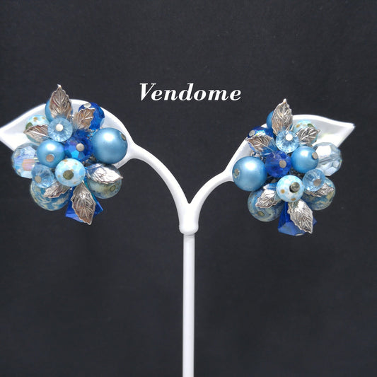 Vendome Blue Beaded Clip Earrings, Aurora Borealis, Silver Leaves, 1960s Vintage Jewelry