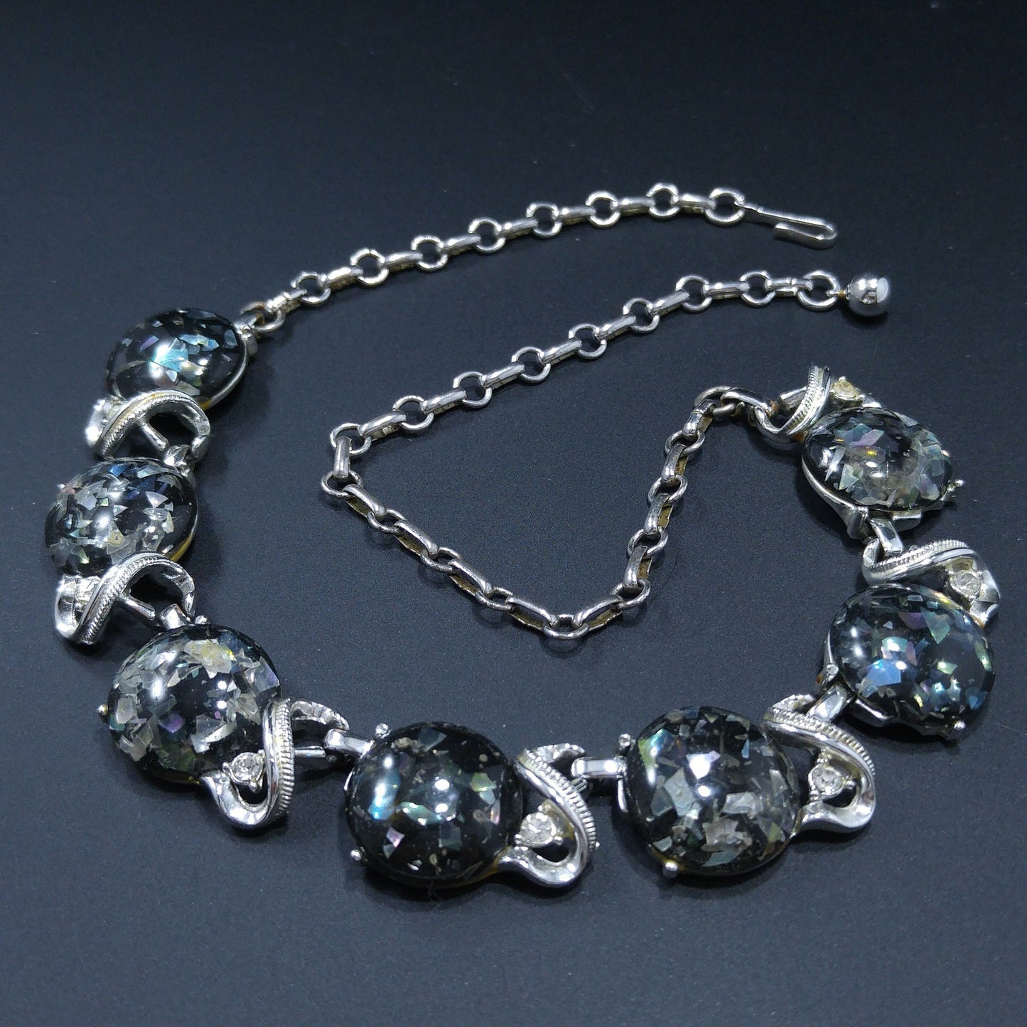 Coro Lucite Confetti Necklace, Gray Lucite & Silver Tone, 1950s Vintage Jewelry