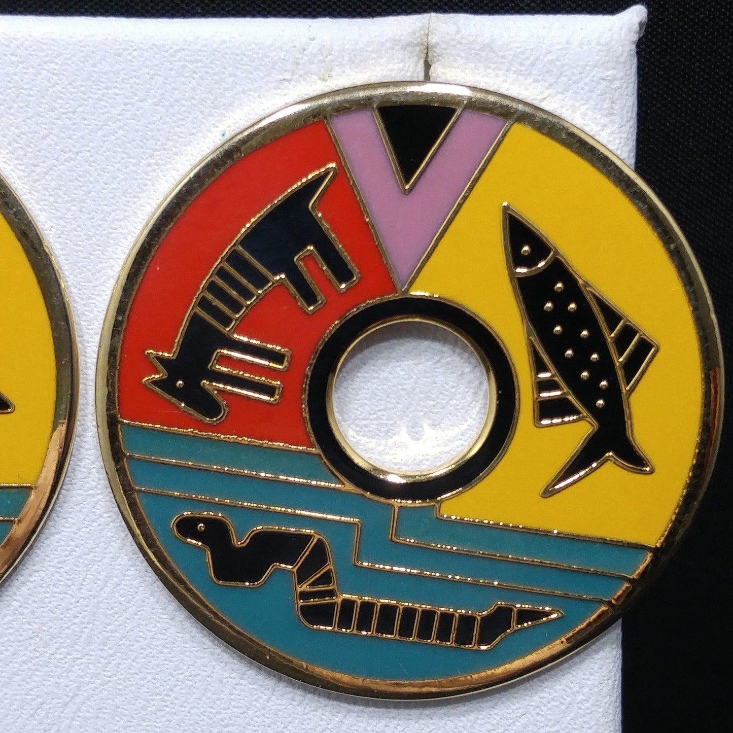 Laurel Burch "Artifact" Post Earrings, Fish Snake Dog Enamel Cloisonne, 1980s Vintage Jewelry