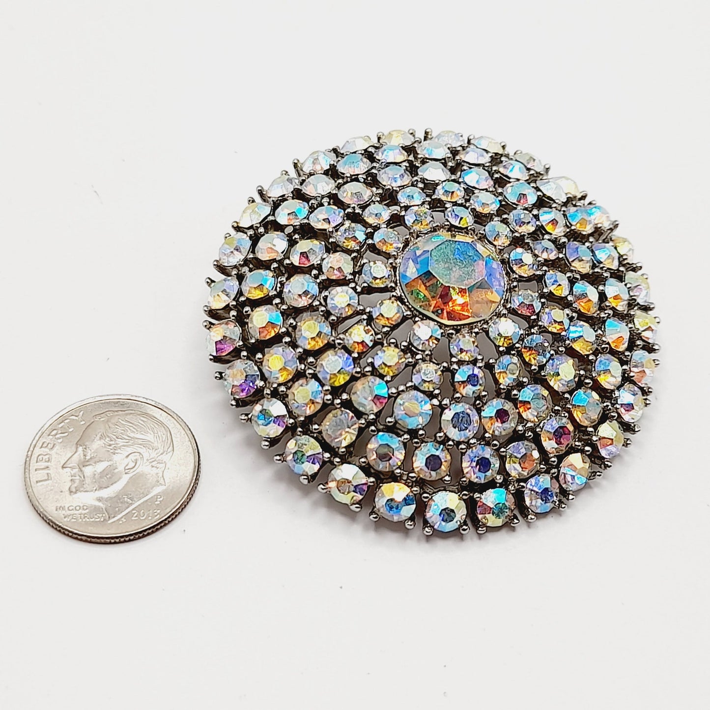 Weiss Aurora Borealis Rhinestone Brooch, Rhodium Plated, 1950s