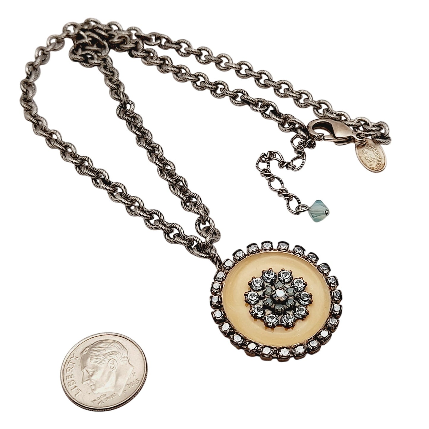 Vintage Liz Palacios Pendant Necklace – Blue Rhinestones on Cream Enamel – Gold Tone