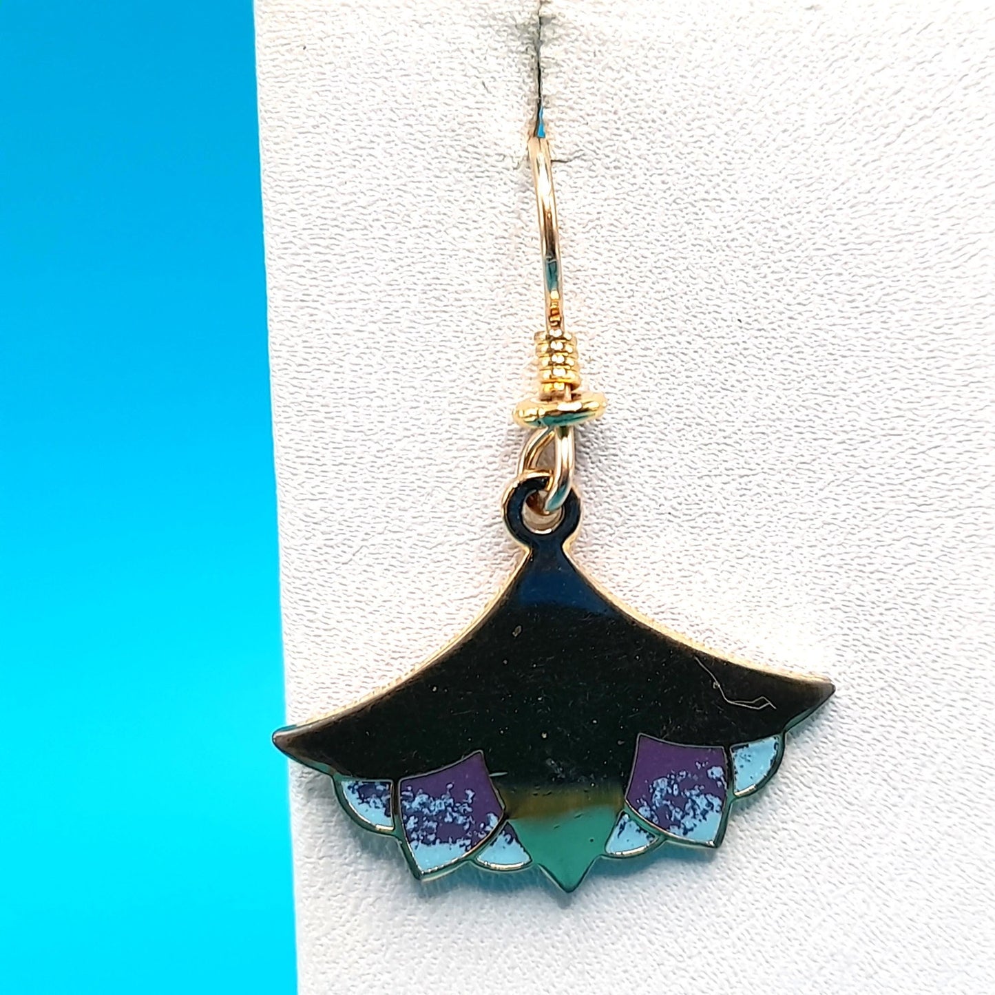 Laurel Burch "Nile Lotus" Drop Earrings, Gold Plated, Enamel Light Blue Purple, 1980s Vintage Jewelry