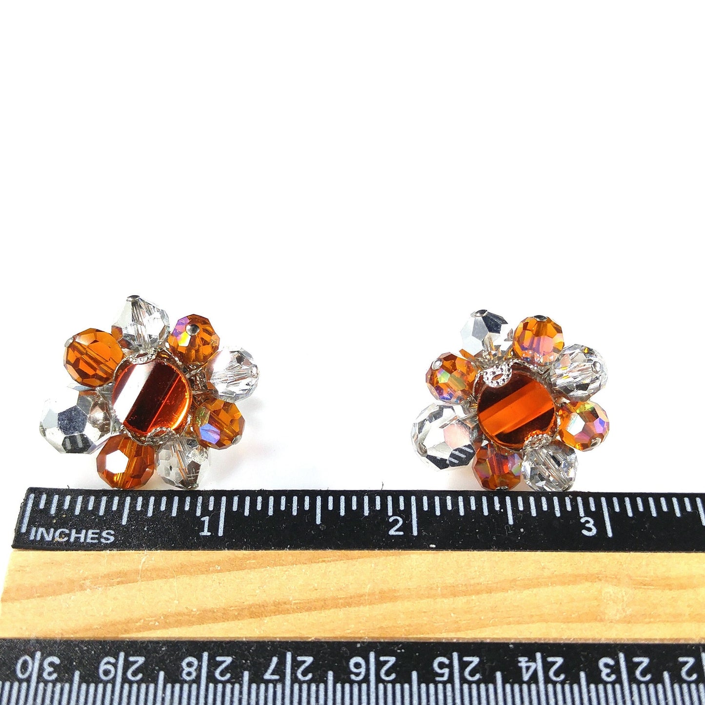 Vendome Beaded Clip Earrings, Orange Silver Clear Crystal Beads, 1960s Vintage Jewelry