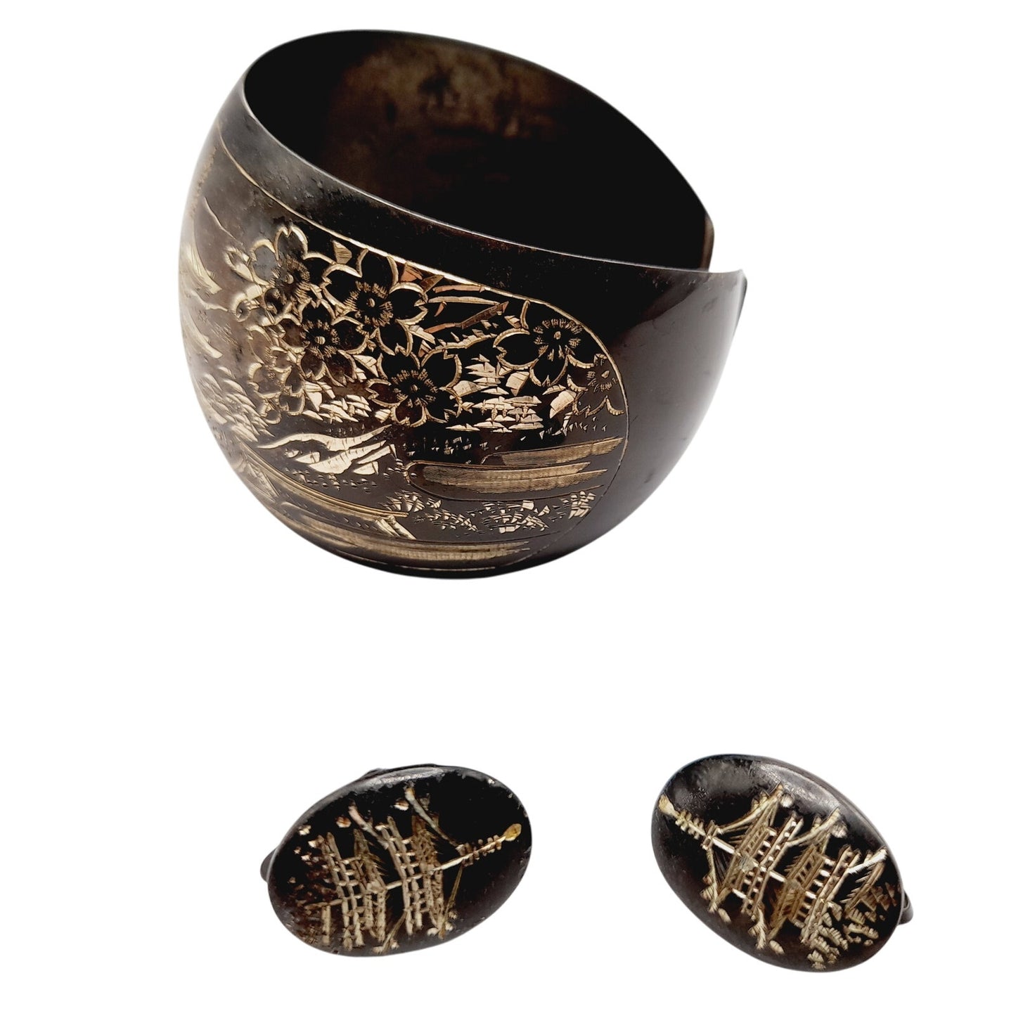 Vintage Japanese Damascene Niello 950 Silver Cuff Bracelet & Screwback Earrings Set