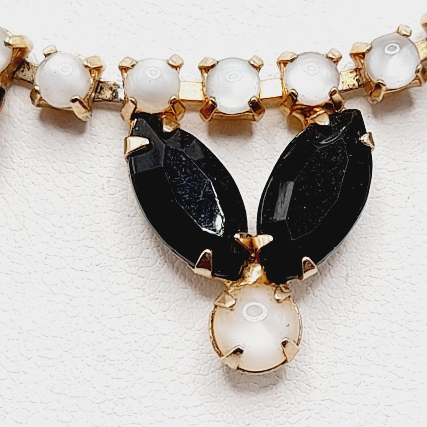 Vintage Black Rhinestones Milky White Cabs Gold Plated Choker Necklace, 1960s