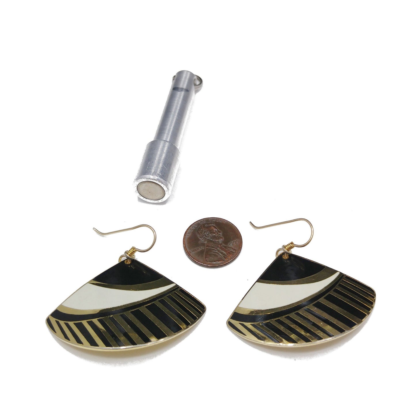 Laurel Burch Geometric Fan Earrings, Black White & Gold, 1980s Vintage Jewelry