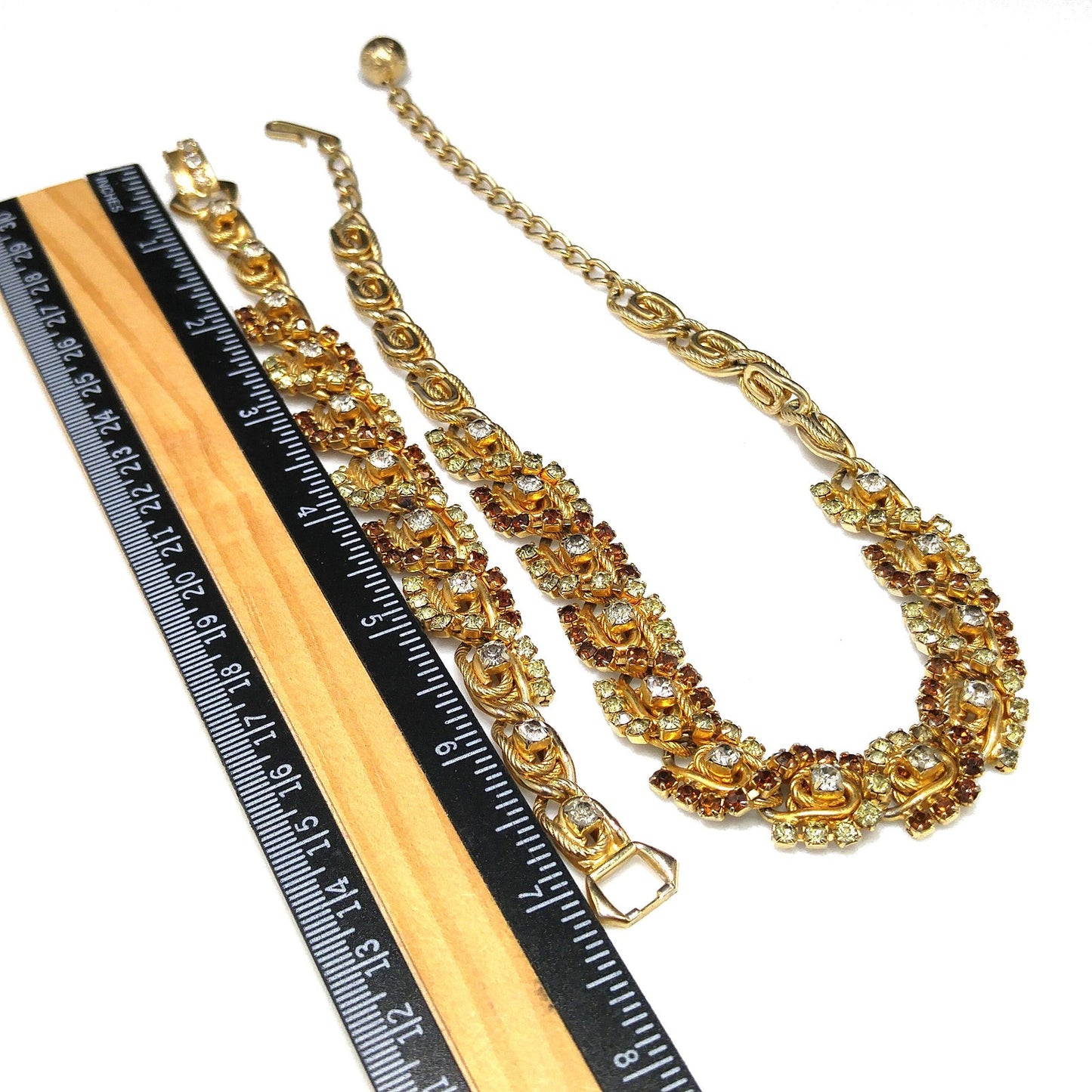 Hobe' Topaz Lt. Green Clear Rhinestone Necklace Bracelet Set, Gold Plated, 1960s Vintage Jewelry