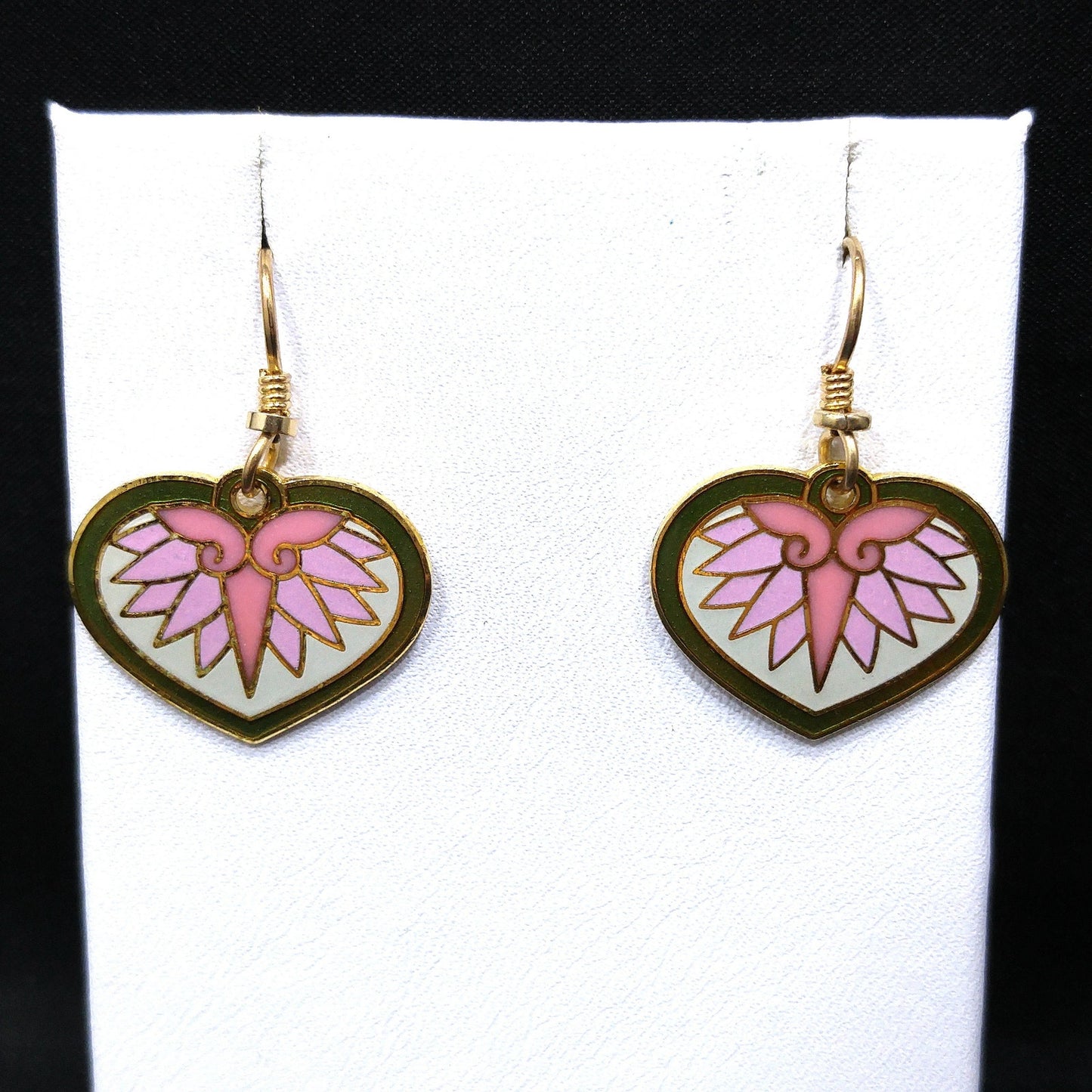 Vintage Laurel Burch Hollyhock Floral Earrings, Gold Plated, Pink Green White