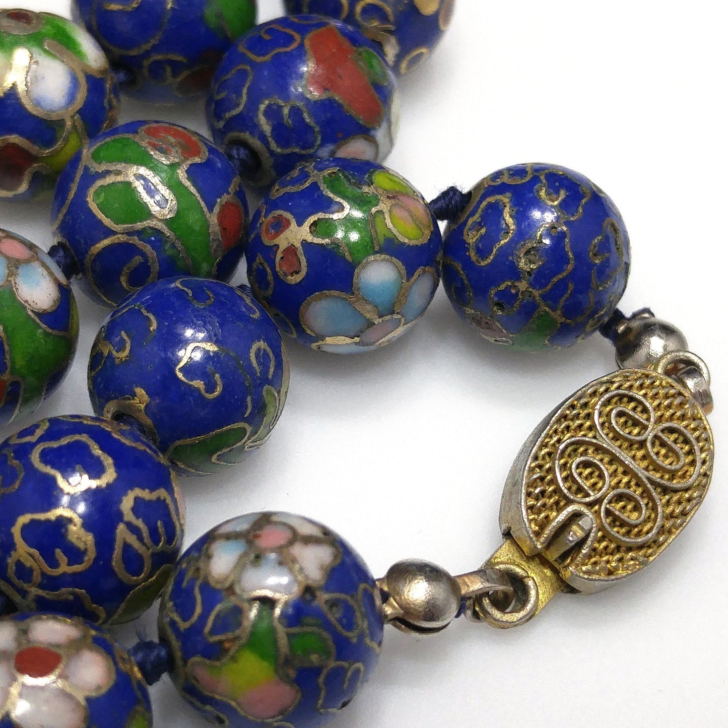 Cloisonne Blue Beaded Necklace, Floral Hand Painted Beads, 1960s Vintage Jewelry