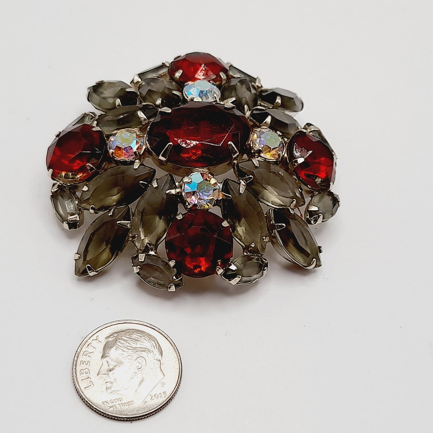 Vintage Rhinestone Brooch, Red Aurora Borealis Pin, Smoky Gray Navettes, 1960s Mid-Century Jewelry