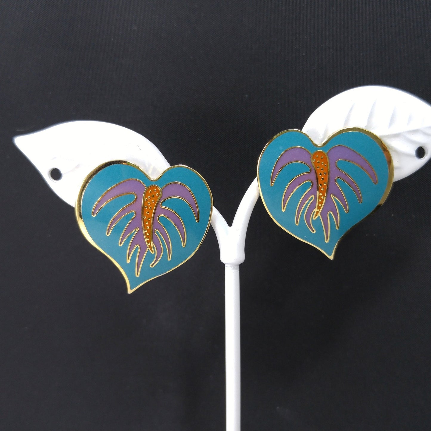 Vintage Laurel Burch Teal Anthurium Post Earrings, 1980s Vintage Jewelry