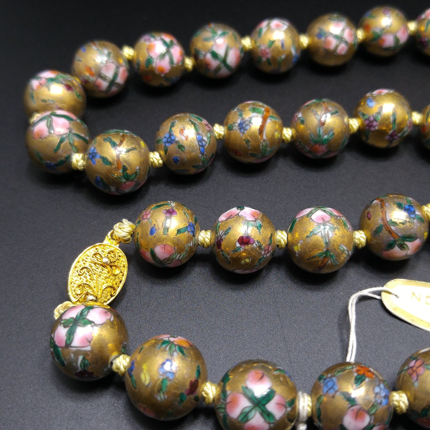 Vintage Chinese Beaded Necklace, Hand Painted & Knotted Floral Beads, 1940s Vintage Jewelry