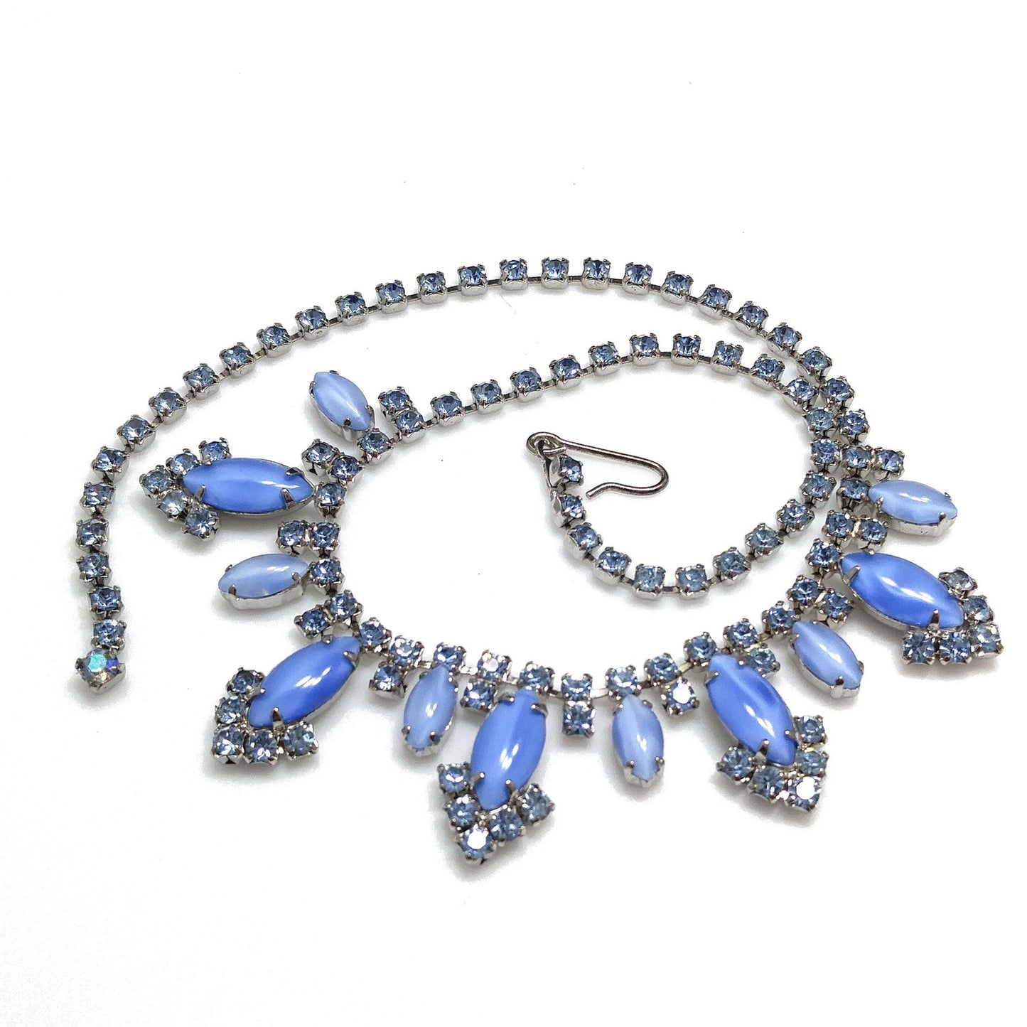 Blue Art Glass Rhinestone Necklace, Rhodium Plated, 1960s Vintage Jewelry