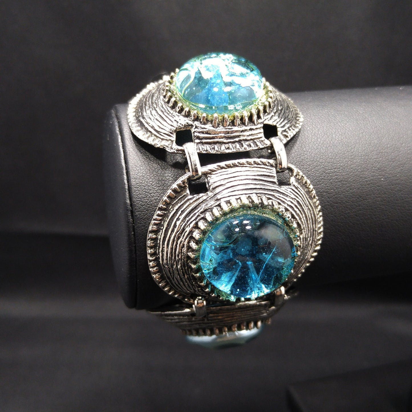 Mid-century Silver Tone Five Link Bracelet, Gold Plated, Blue Lucite Pearled & Clear