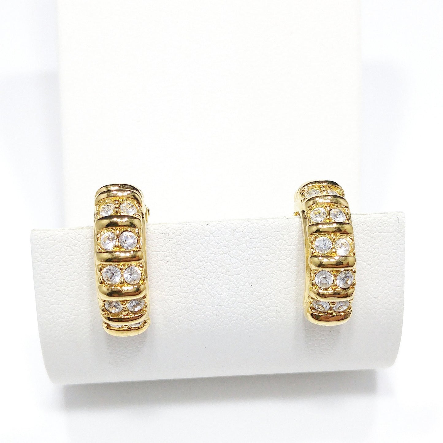 Swarovski Clear Rhinestone Half Hoop Clip On Earrings, Gold Tone, 1990s Vintage