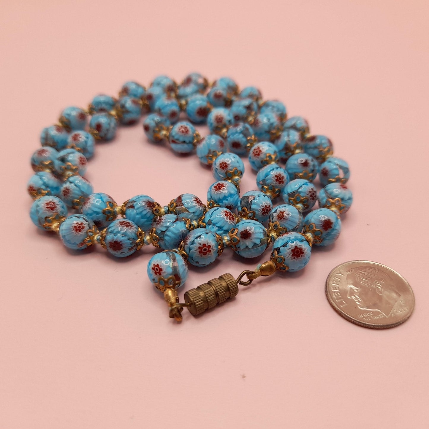 Vintage Murano Glass Floral Bead Necklace, 24 Inches, Hand-knotted, 1950s