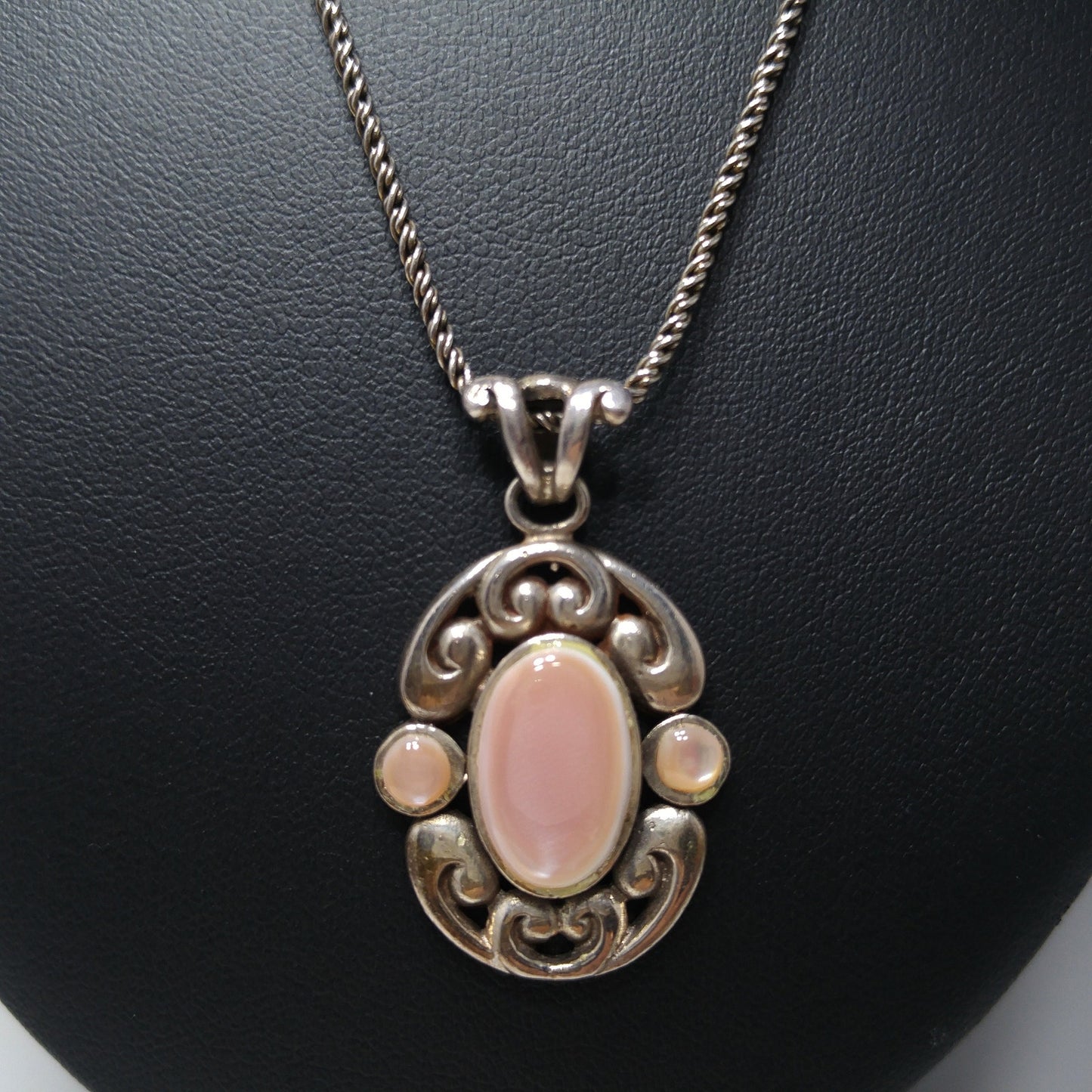 Barse Sterling Silver Pink Necklace, Large Pink Pearled Cabochon, 1990s Vintage Jewelry
