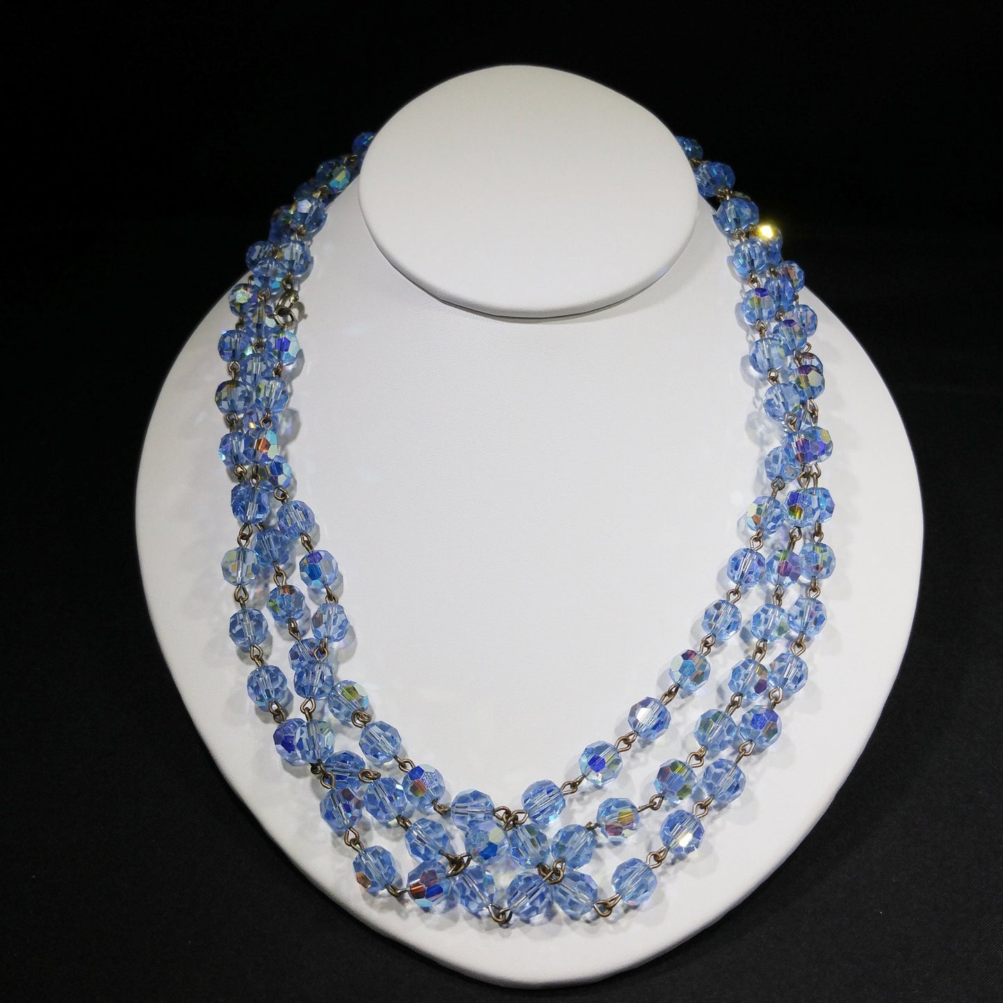 Blue Austrian Crystal Beaded Necklace, Long Rosary Style, 1960s Vintage Jewelry