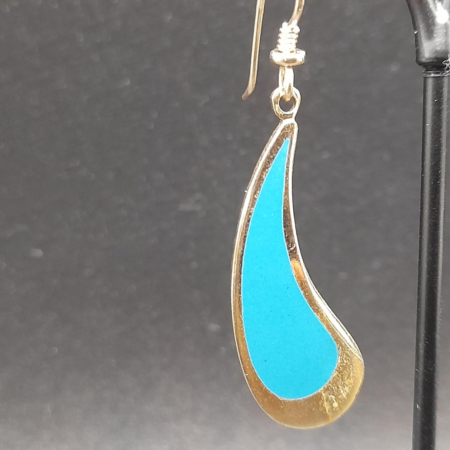 Vintage Laurel Burch Turquoise Drop Earrings, Curved Teardrop, Gold Plated
