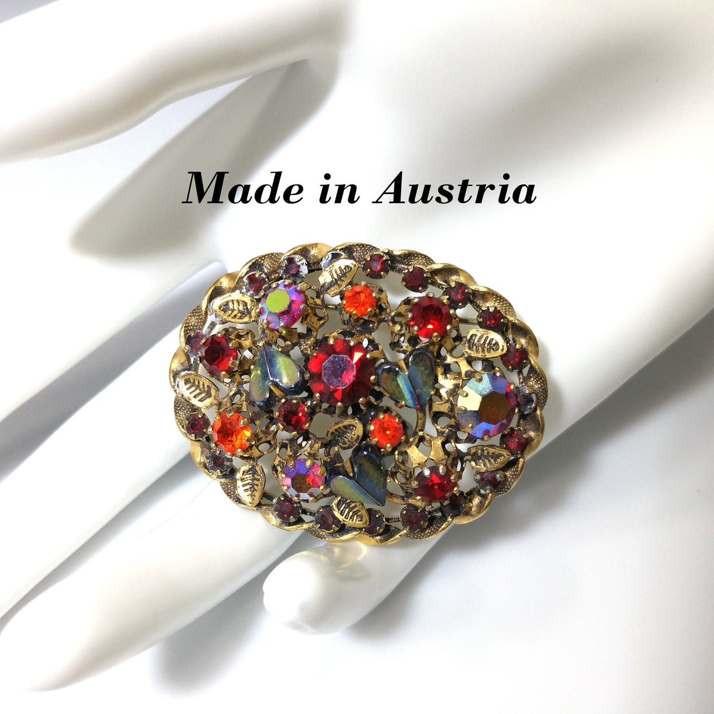 Austria Red Orange Rhinestone Gold Plated Brooch, Metallic Art Glass, 1950s Vintage Jewelry