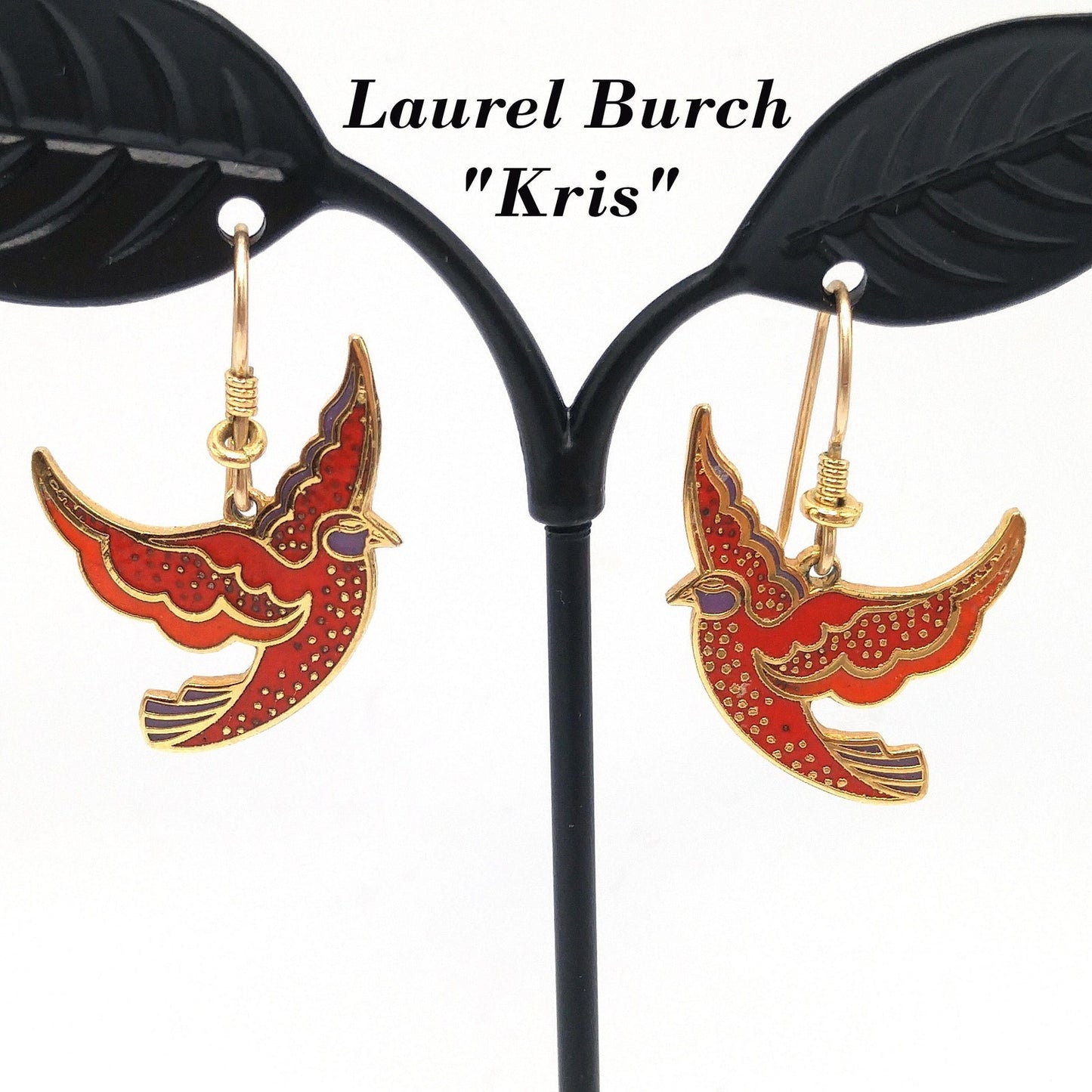 Vintage Laurel Burch "Kris" Red Bird Earrings, Cloisonne Enamel, Gold Plated