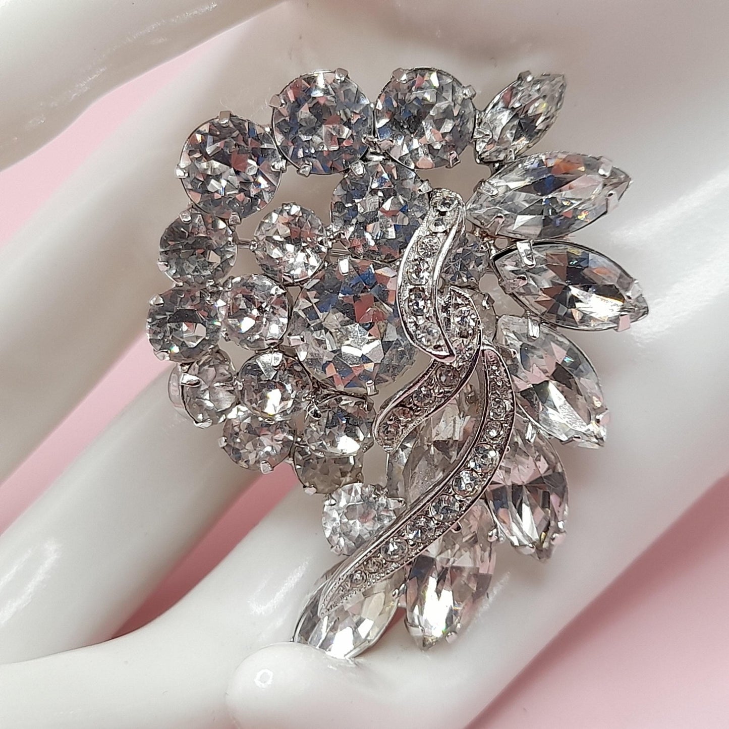 Vintage Clear Rhinestone Brooch, Rhodium Plated, 1960s, 2 1/4 Inches