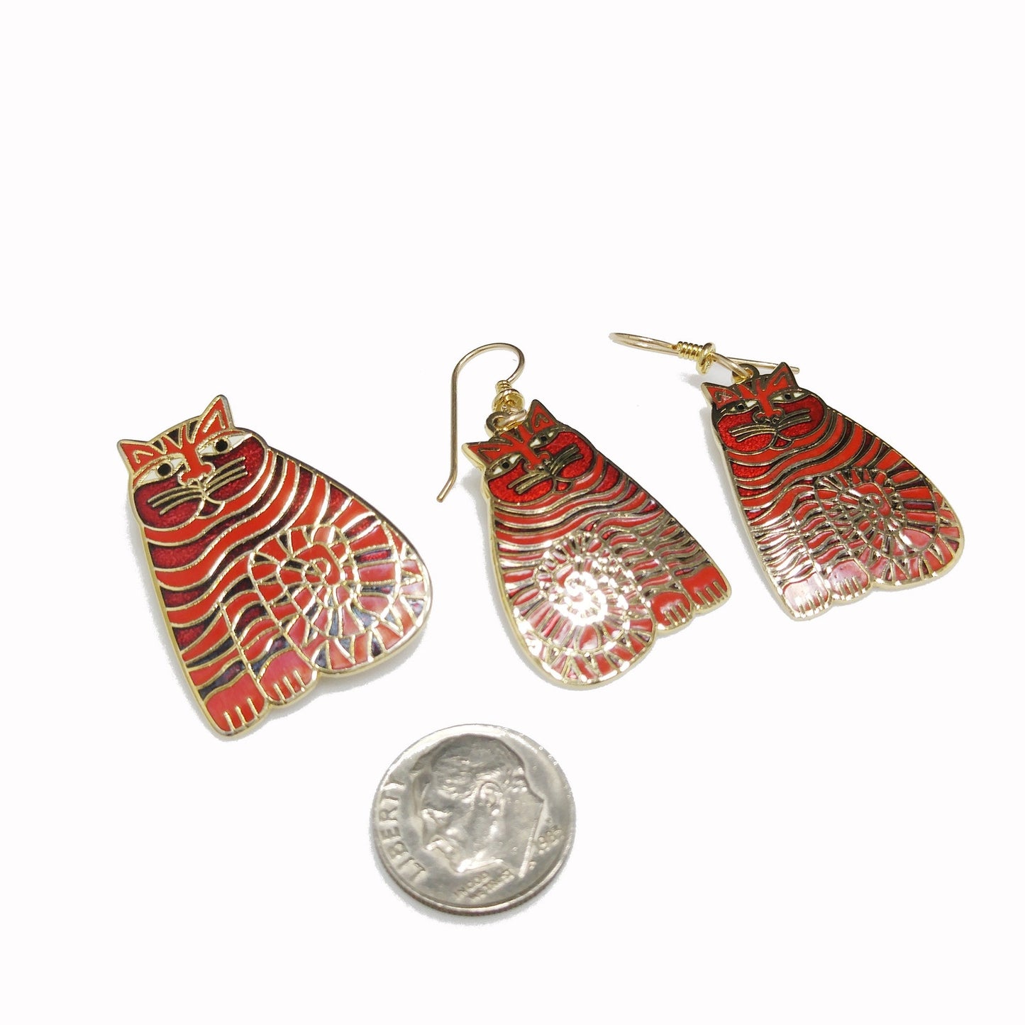 Laurel Burch "Shambala" Red Cat Brooch & Earrings, Gold Plated Cloisonné Enamel, 1980s Vintage Jewelry