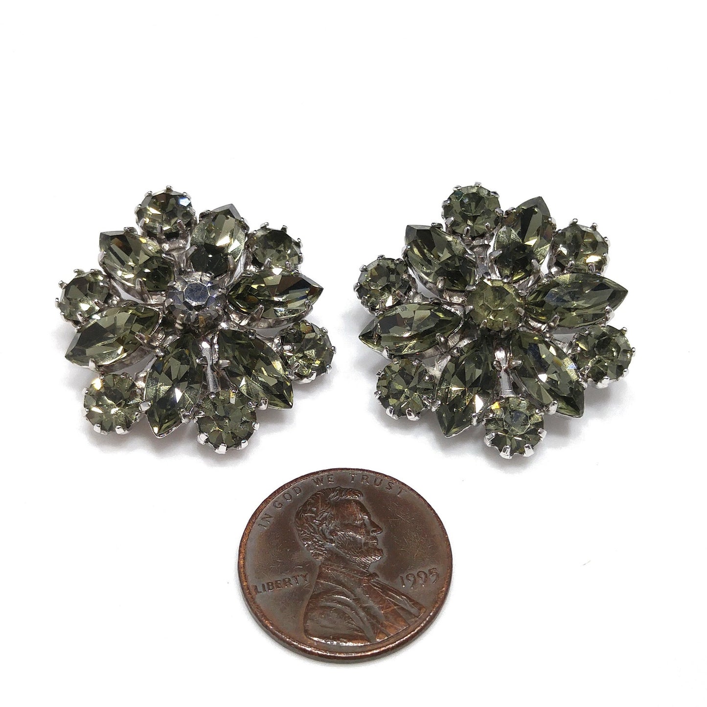 Weiss Dark Green Rhinestone Earrings, Silver Tone, Gold Plated, 1960 Vintage Jewelry