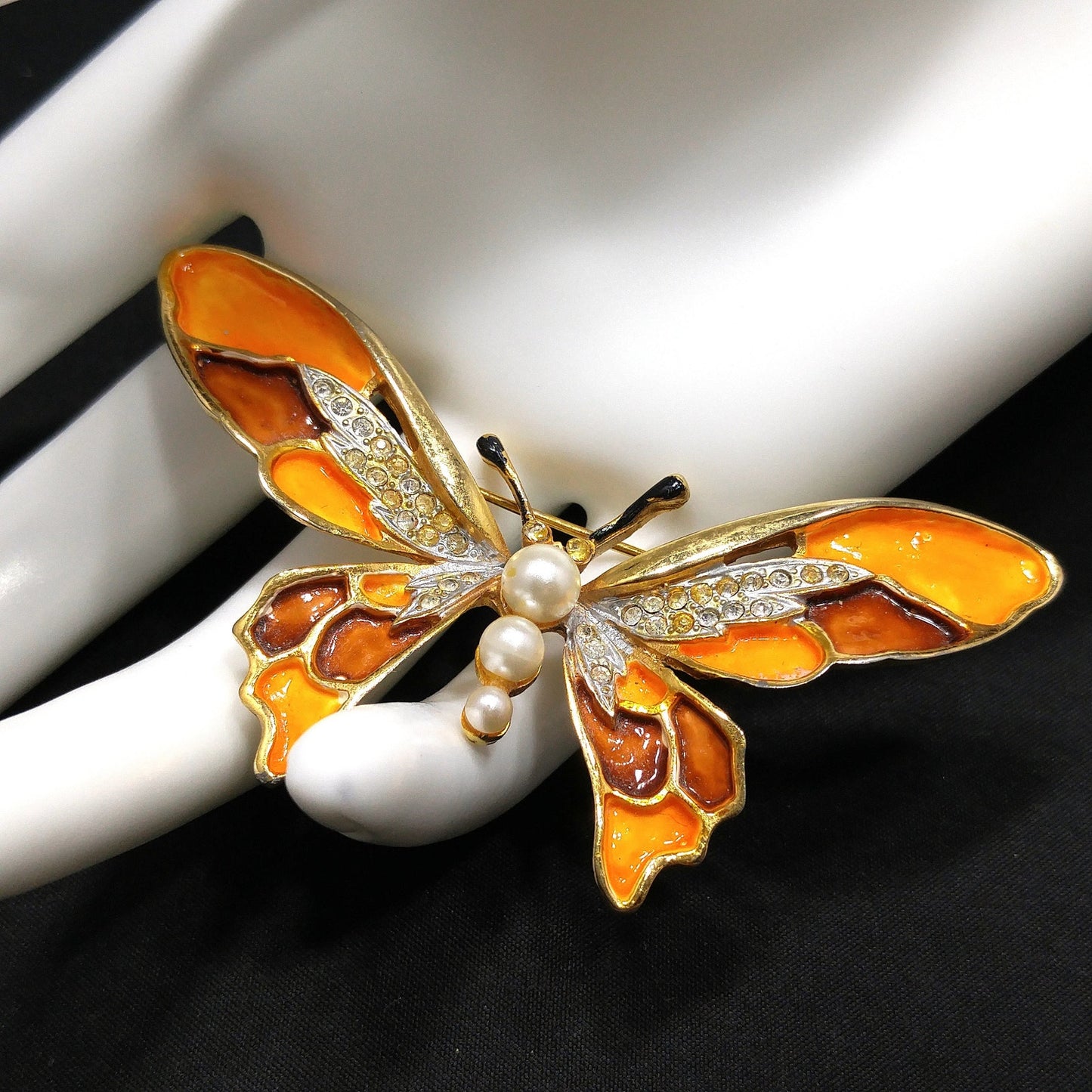 Kramer Orange Enamel Butterfly Brooch, Gold Plated, 1960s Vintage Jewelry