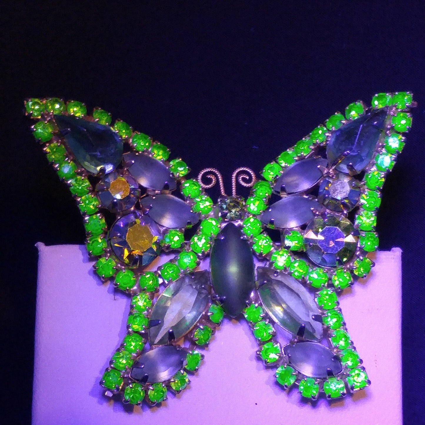 Vintage Weiss Peridot Green Rhinestone Butterfly Brooch, Uranium Glass, Gold Plated, 1950s