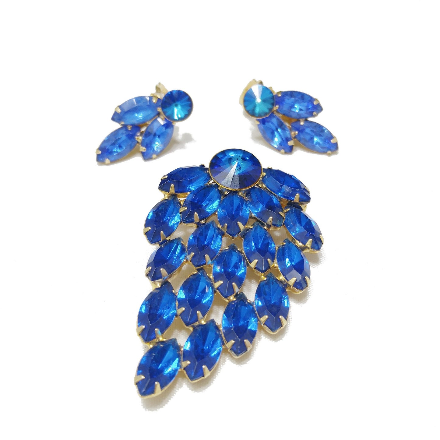 Mid Century Blue Rivoli Brooch & Earrings, Gold Plated, 1960s Vintage Jewelry