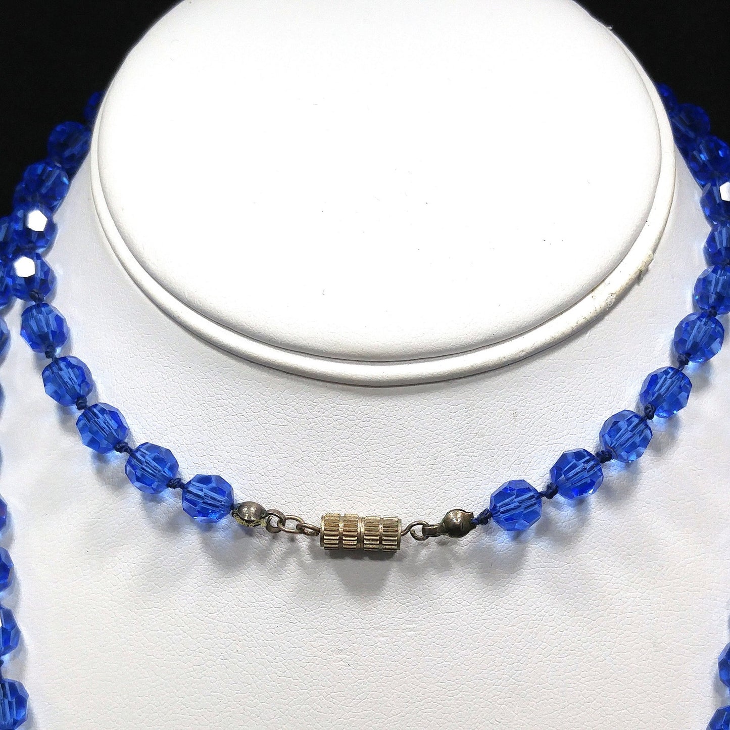 Cobalt Blue Crystal Long Necklace & Earrings, Artisan Jewelry, Faux Lapis Glass, 1940s Vintage Jewelry