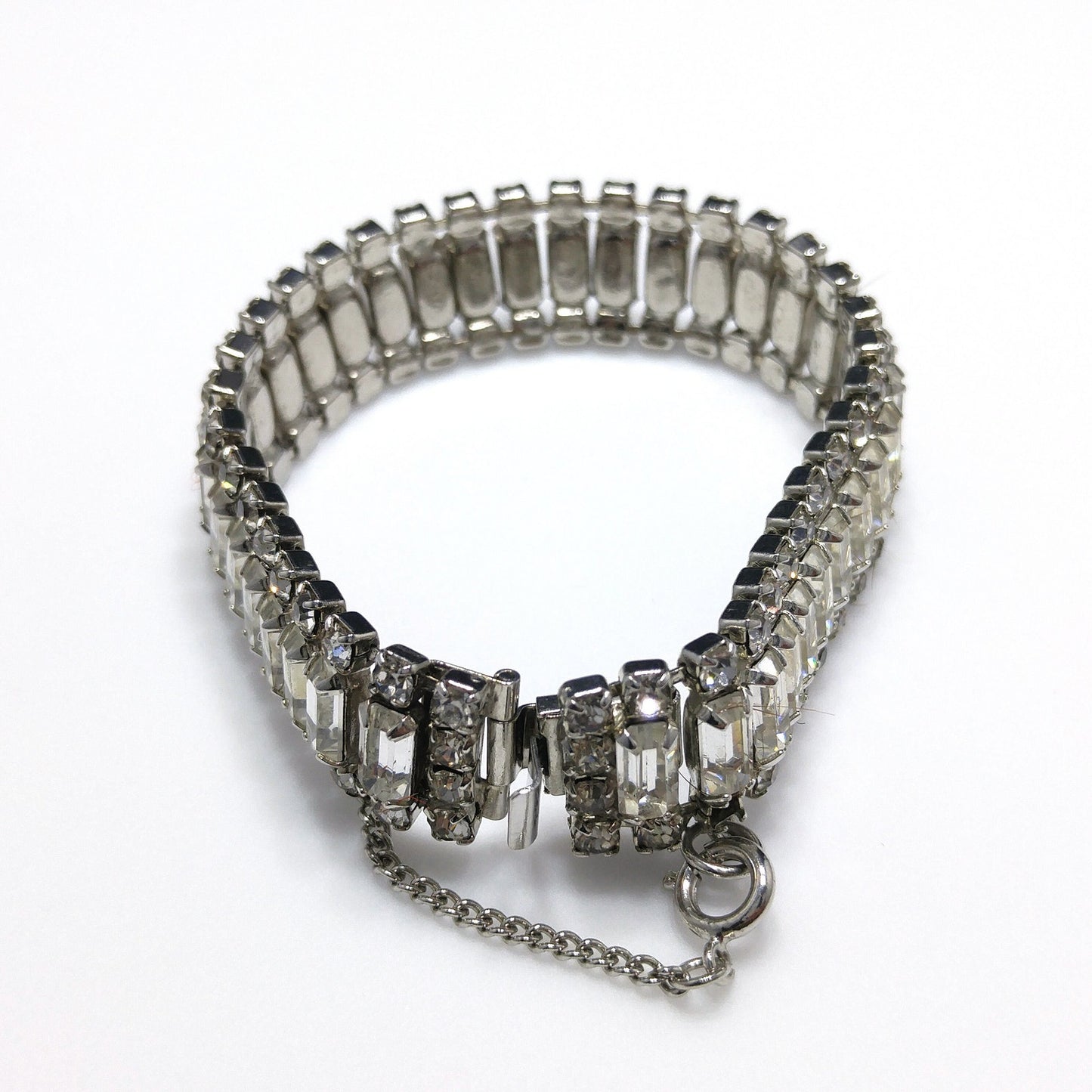 Vintage Weiss Clear Rhinestone Bracelet, Rhodium Plate, Safety Chain, 1950s