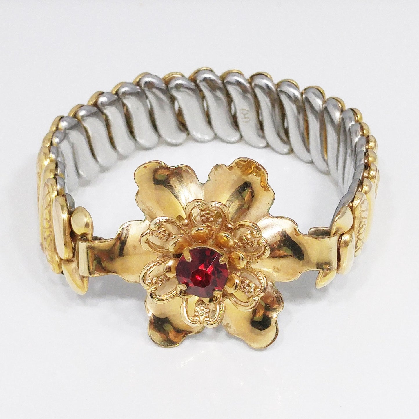 Barclay Gold Filled Flower Expansion Bracelet, Red Crystal Gold Flower