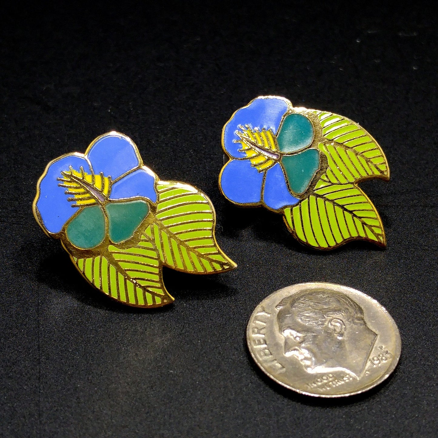 Vintage Laurel Burch Blue Green "Hibiscus" Post Earrings, Gold Plated