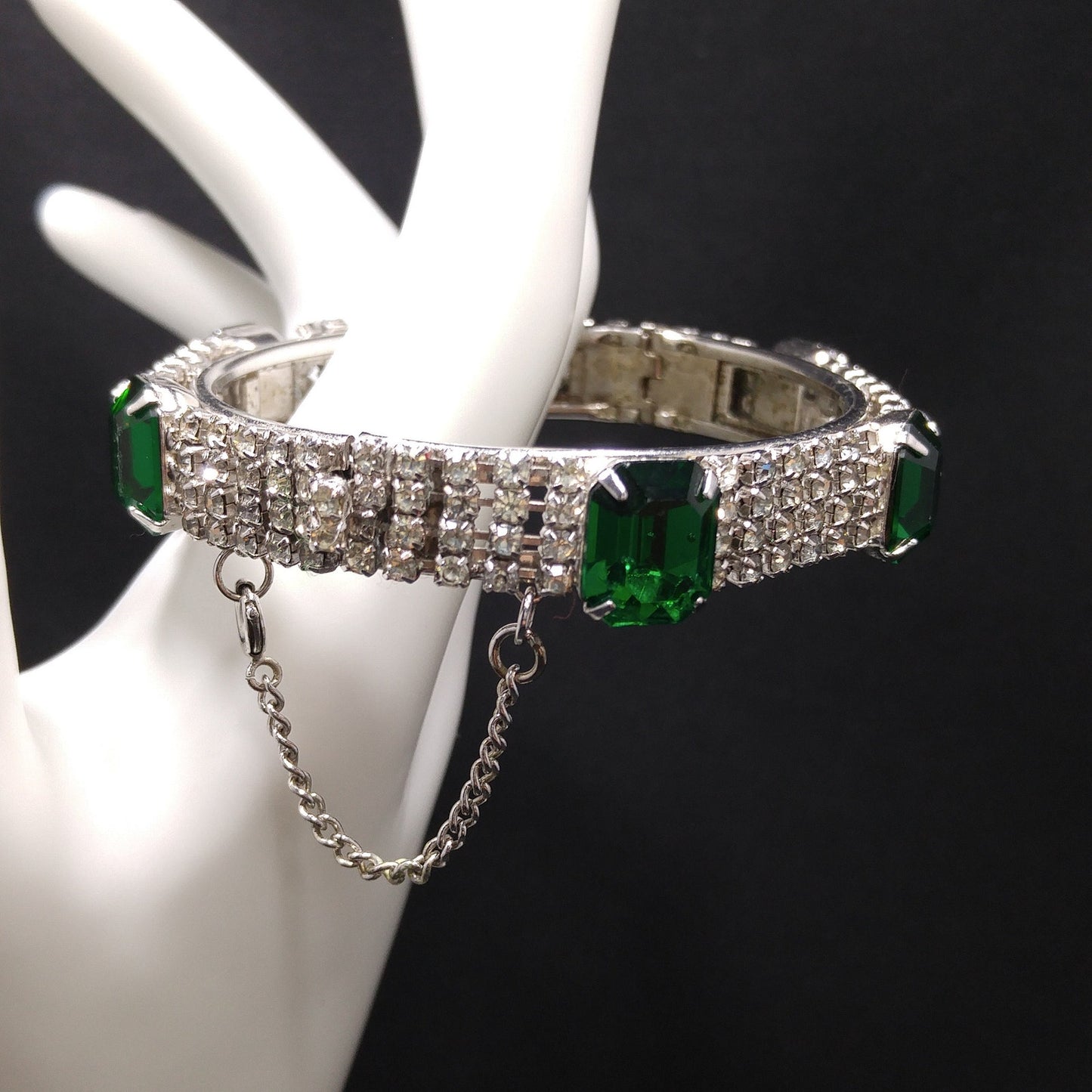 Kramer Green Rhinestone Hinged Bracelet, Safety Chain, 1960s Vintage Jewelry
