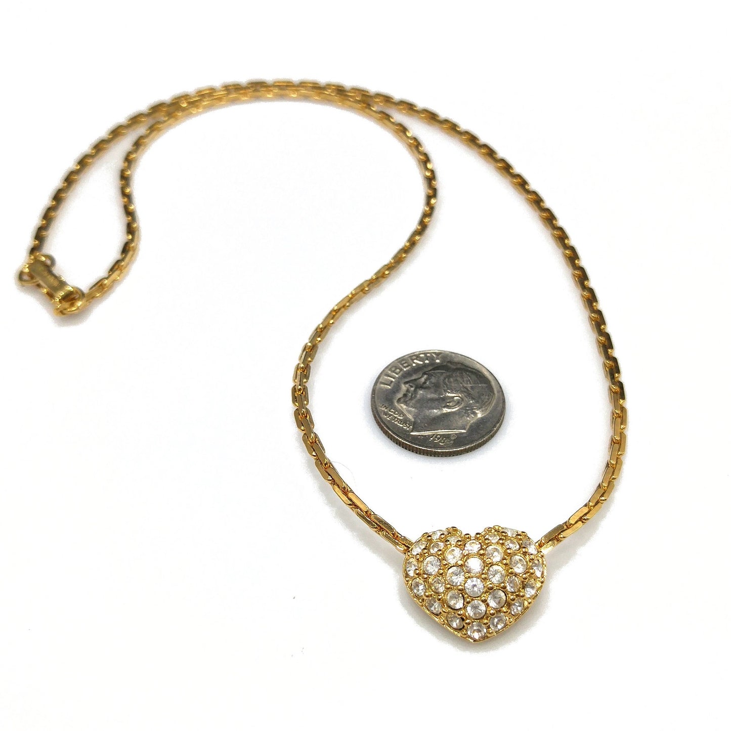 Swarovski Swan Logo Heart Necklace, Pavé Rhinestones, Gold Plated, 1990s Vintage