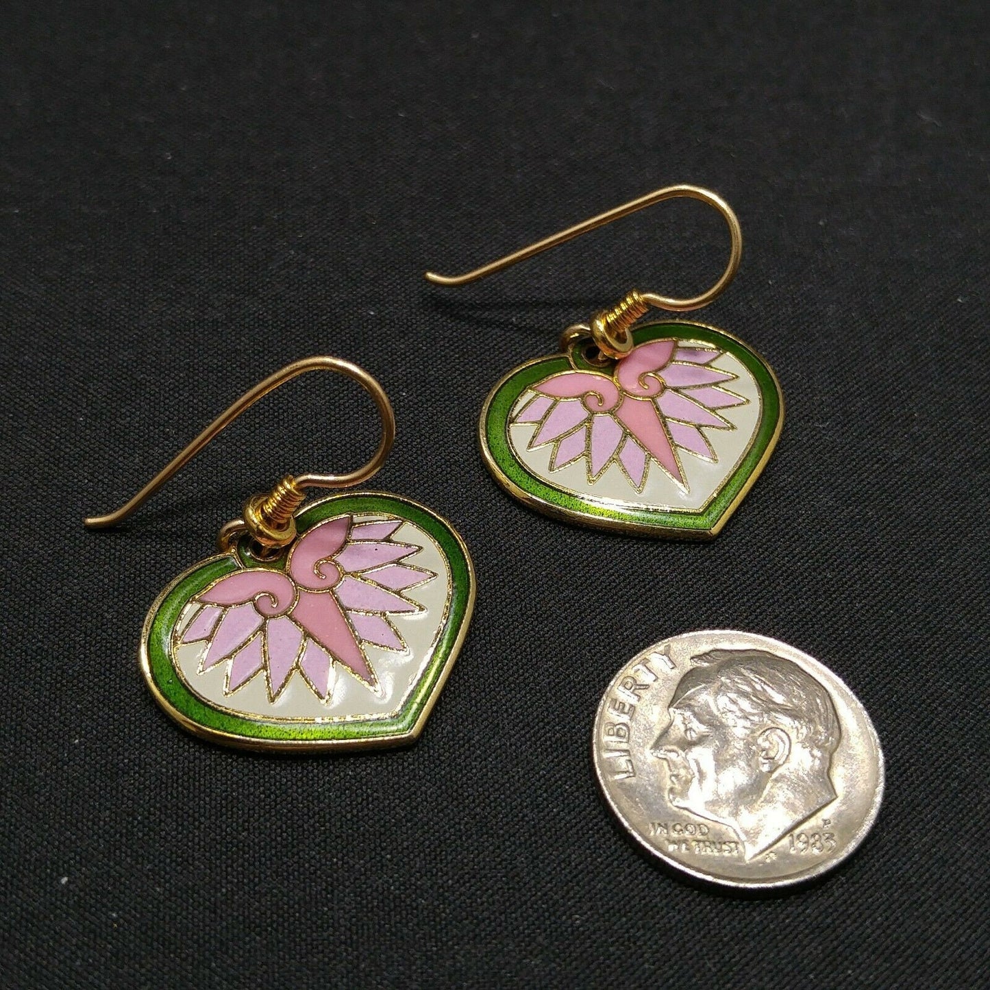 Laurel Burch Hollyhock Floral Earrings, Gold Plated Cloisonne, Enamel, 1980s