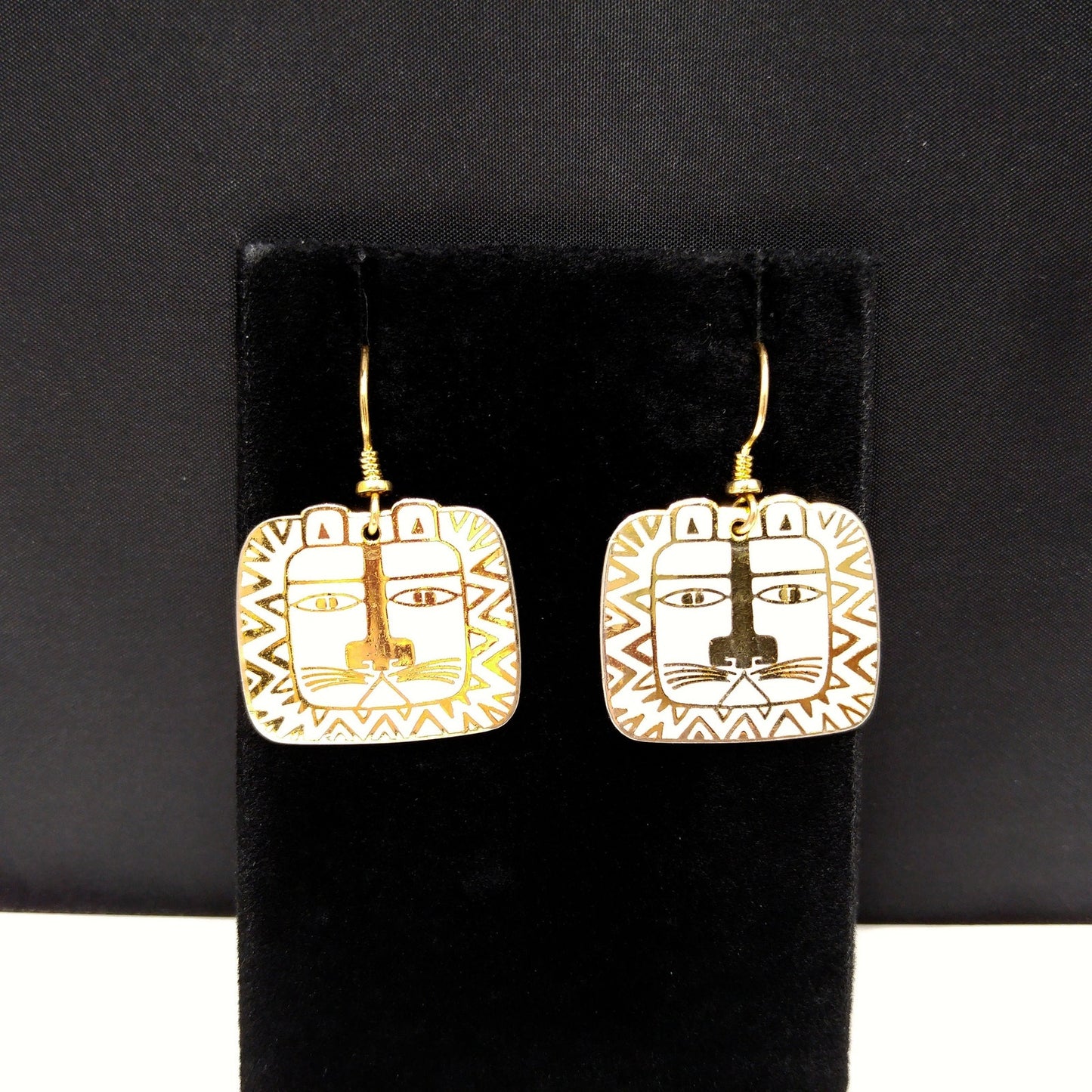 Vintage Laurel Burch "Cat Spirit" Earrings, Cream White Enamel, Gold Plated