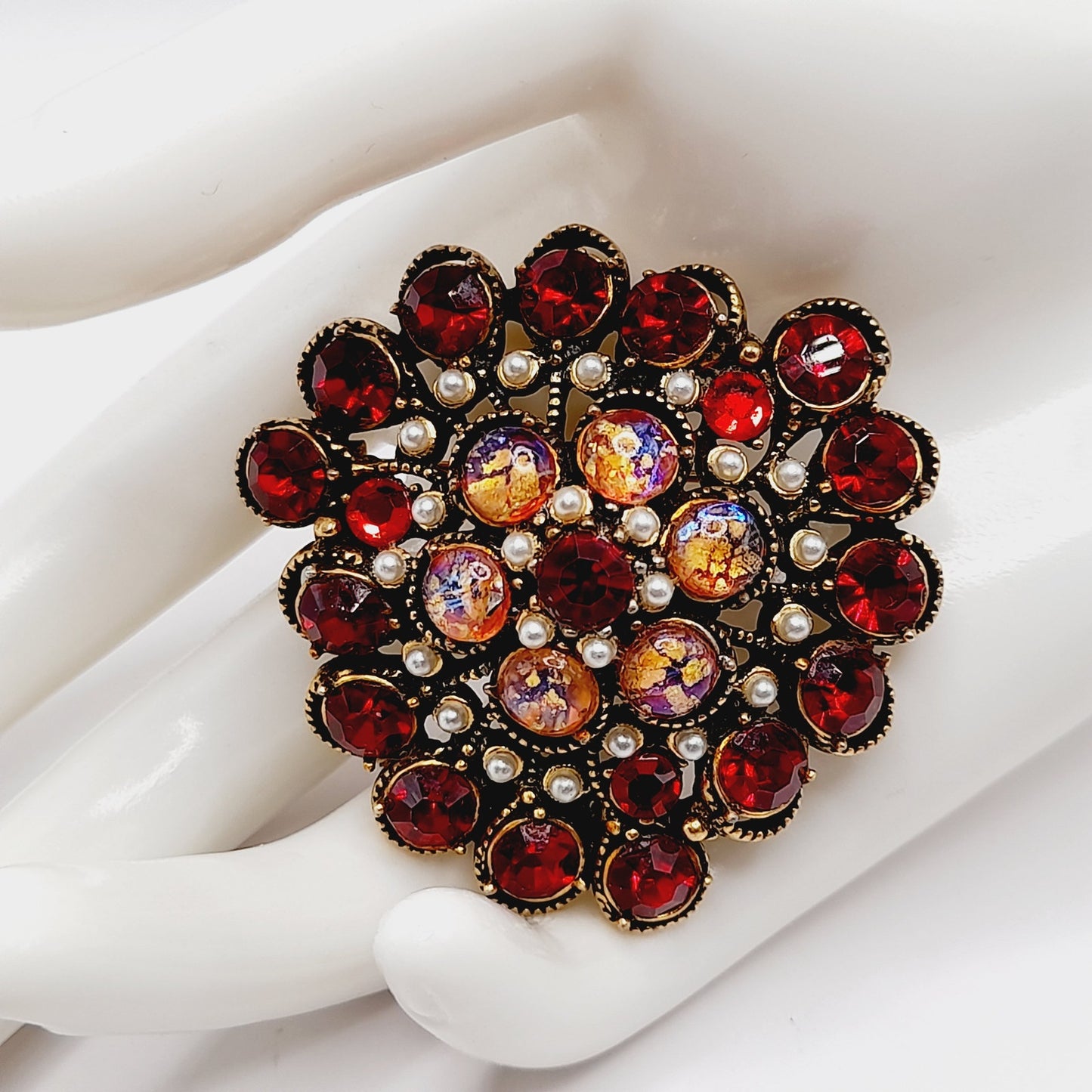 Hollycraft Vintage Red Rhinestone Cabochon Brooch, Faux Pearls, 1950s