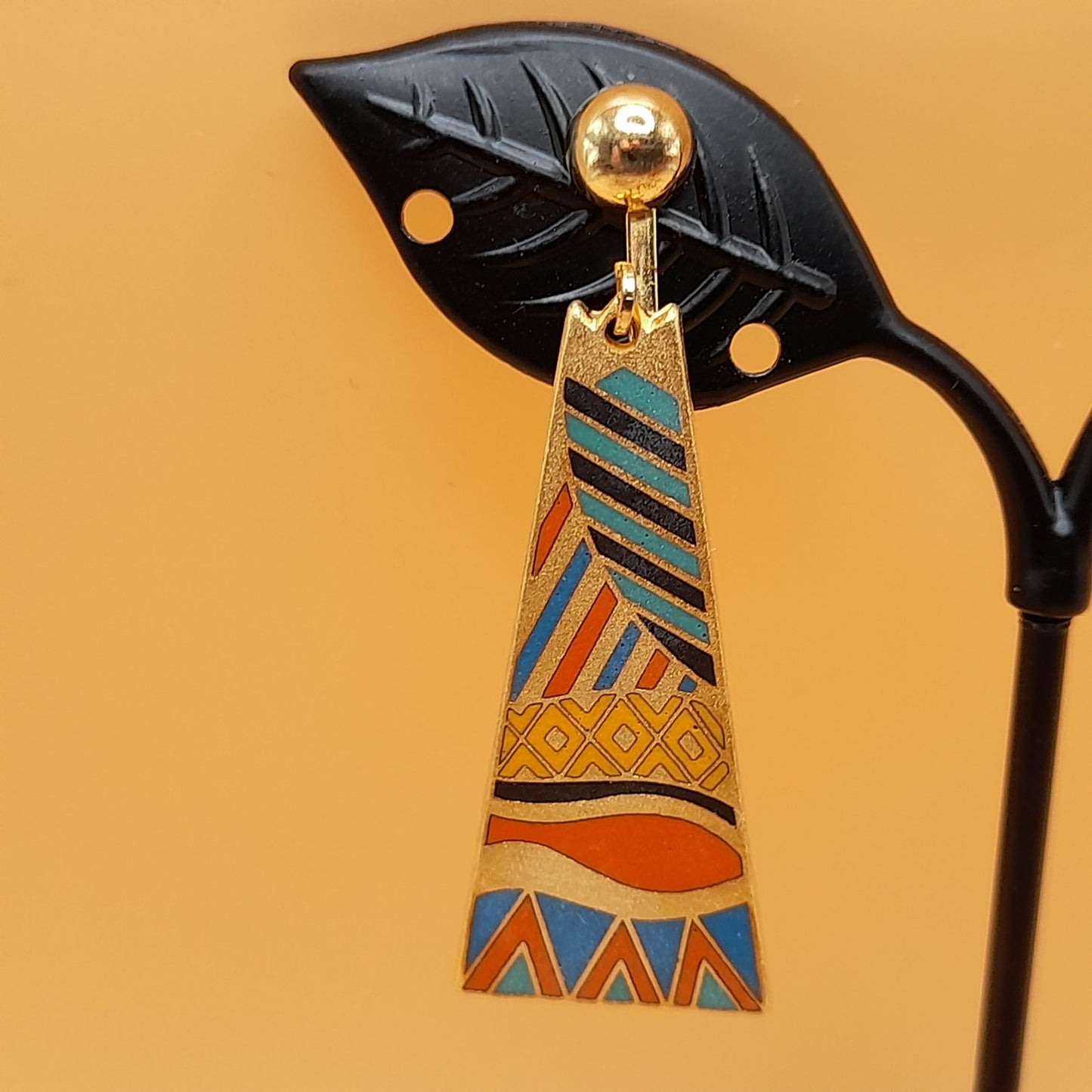 Laurel Burch "Java" Geometric Clip Earrings, Gold Plated Cloisonne Enamel, 1980s Vintage Jewelry