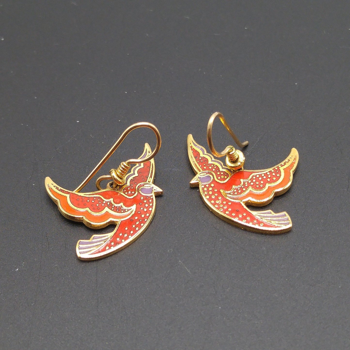 Vintage Laurel Burch "Kris" Red Bird Earrings, Cloisonne Enamel, Gold Plated