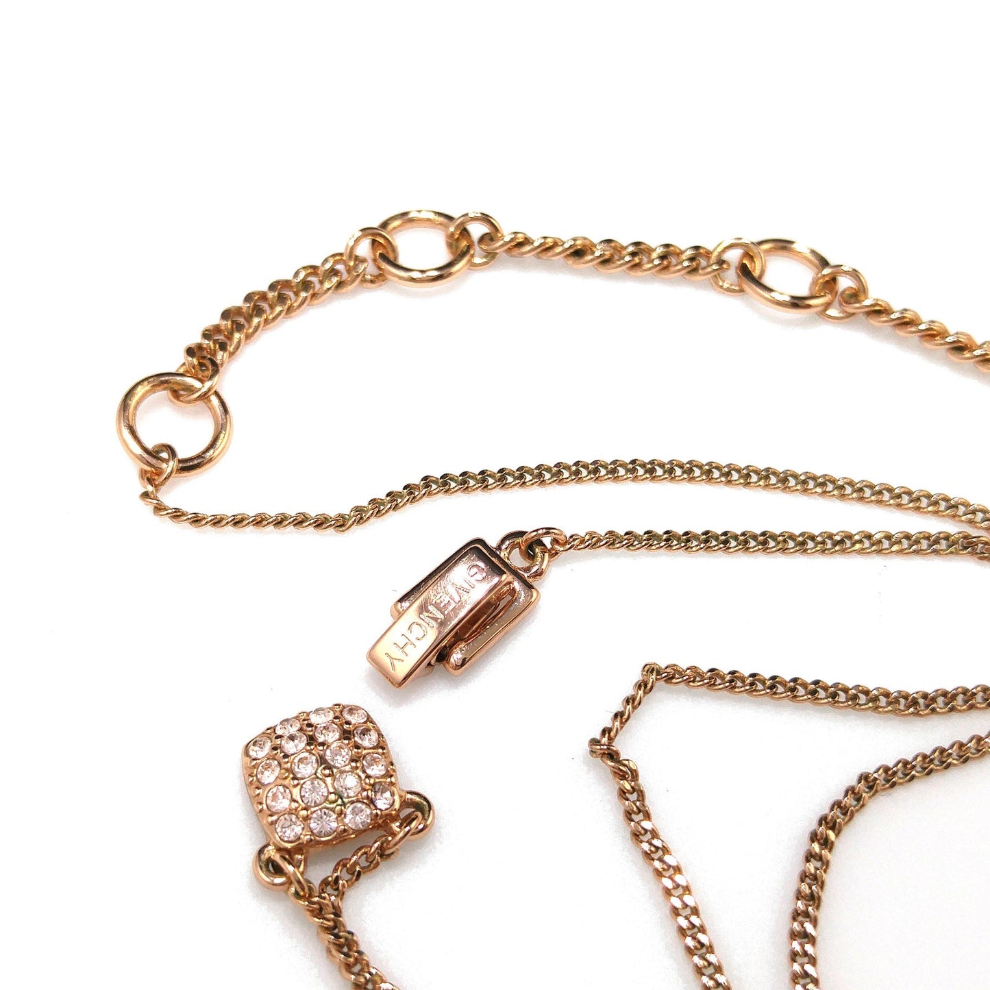 Givenchy Rose Gold Pendant Necklace – Pave Clear Rhinestones – 1990s Vintage Jewelry
