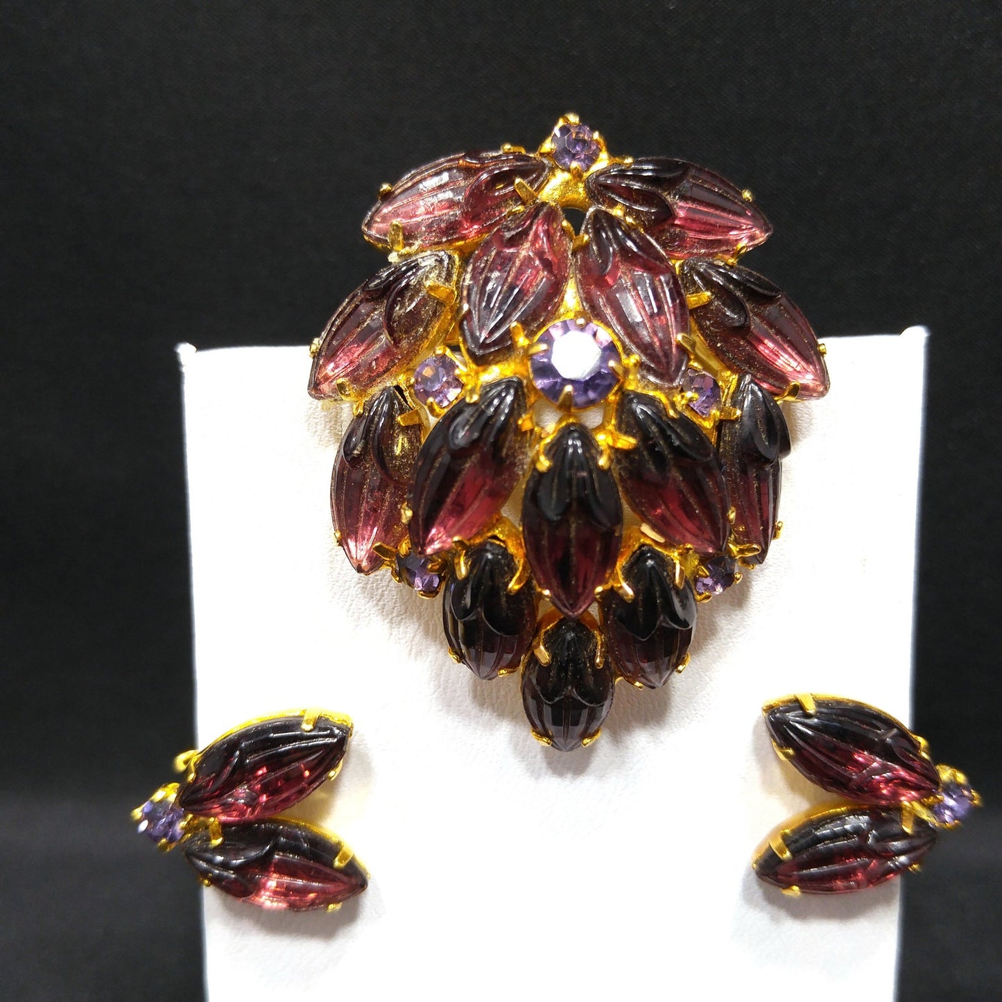 Purple Rhinestone Molded Art Glass Brooch & Earrings, Purple Rhinestones, Gold Plated, 1960s Vintage Jewelry