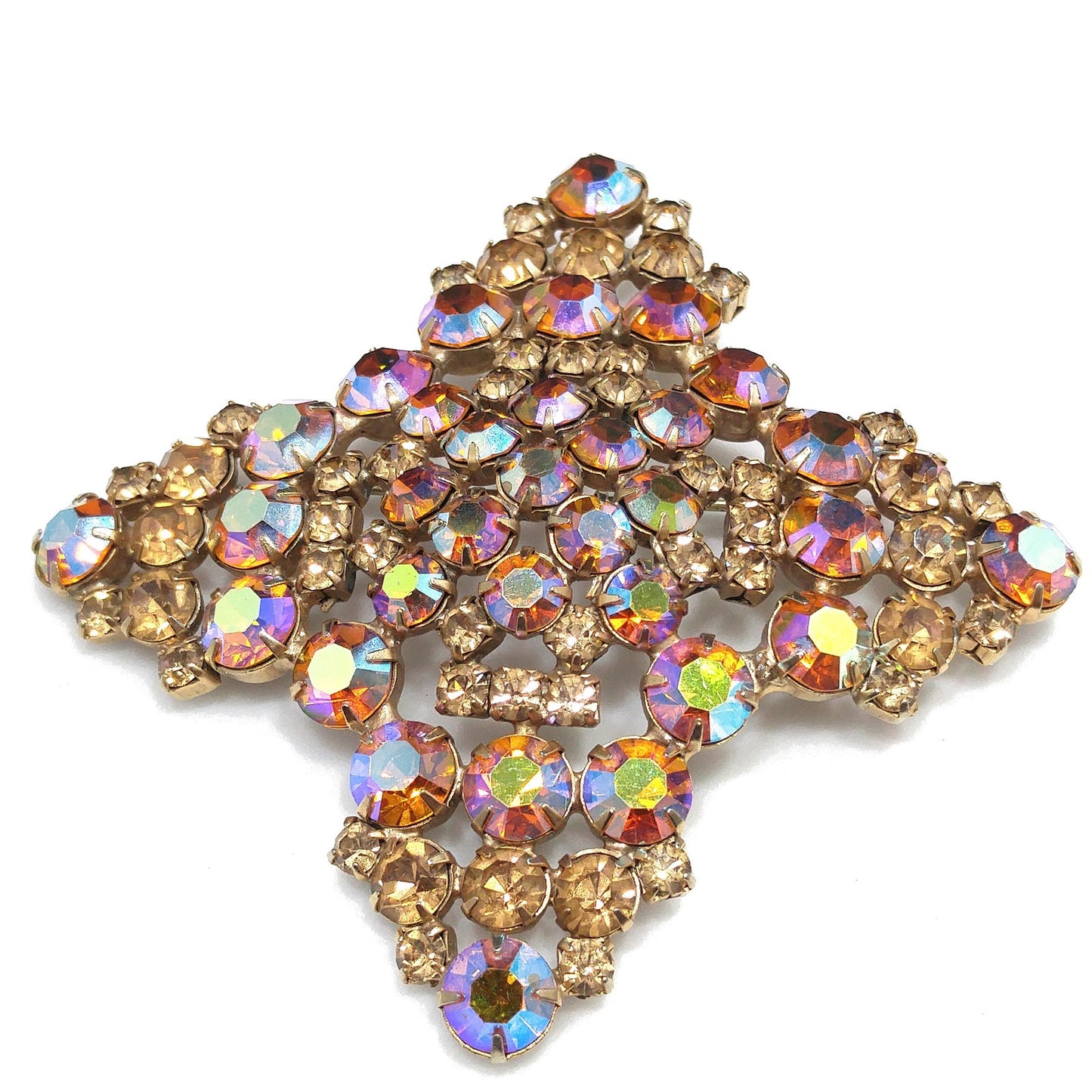 Topaz Glass Rhinestone Large Brooch, Aurora Borealis, 1960s Vintage Jewelry