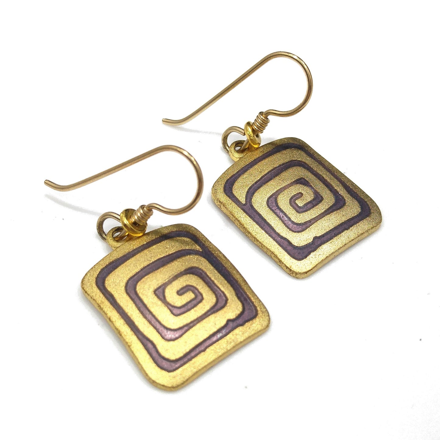 Vintage Laurel Burch "Rhythm" Earrings, Gold Plated, Brown Enamel
