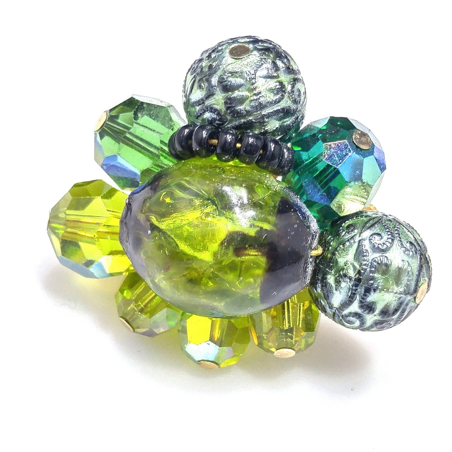 Vendome Green Beaded Earrings, Art Glass Aurora Borealis Beads, 1960s Vintage Jewelry