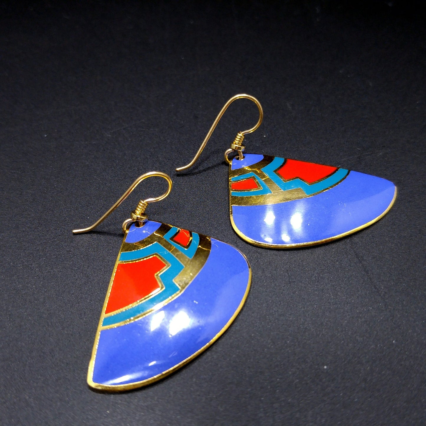 Vintage Laurel Burch Fan Earrings, Blue Red Teal Enamel, Gold Plated