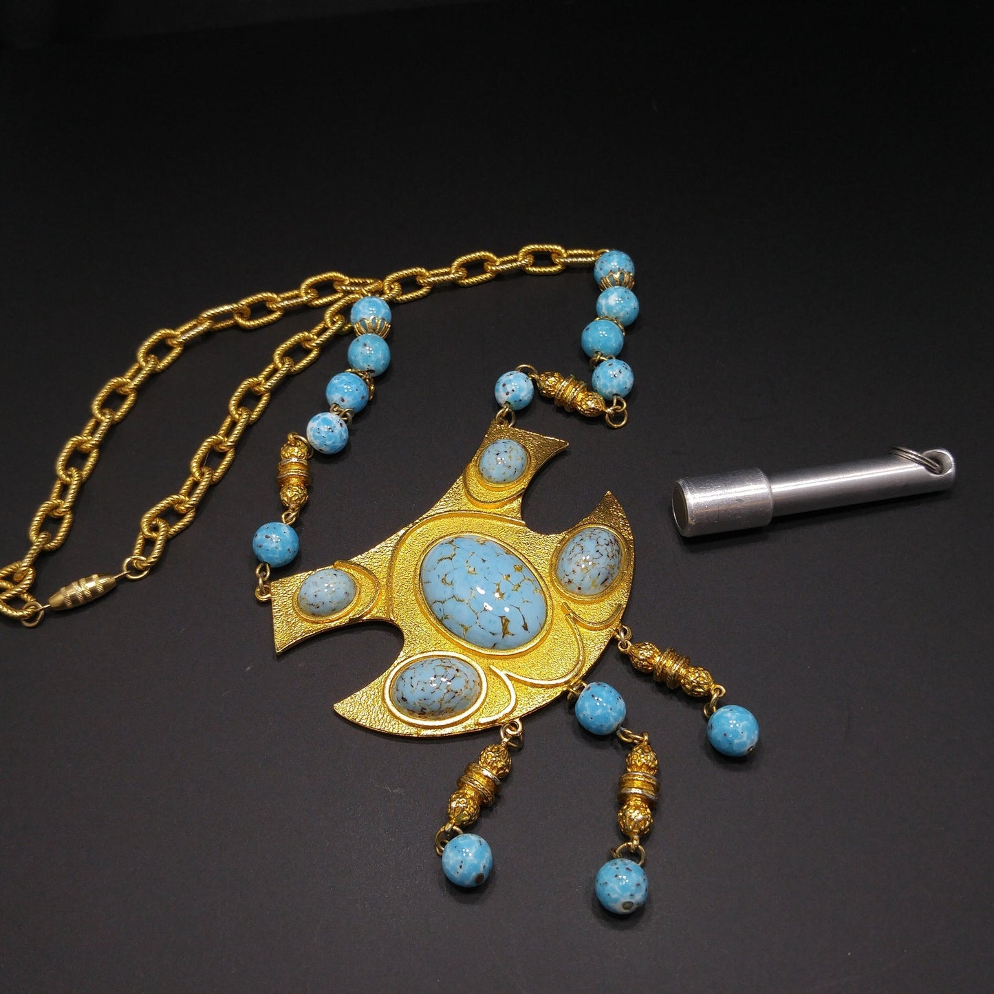 Vendome Pendant Necklace, Gold Plated, Faux Glass Turquoise, 1960s Vintage Jewelry
